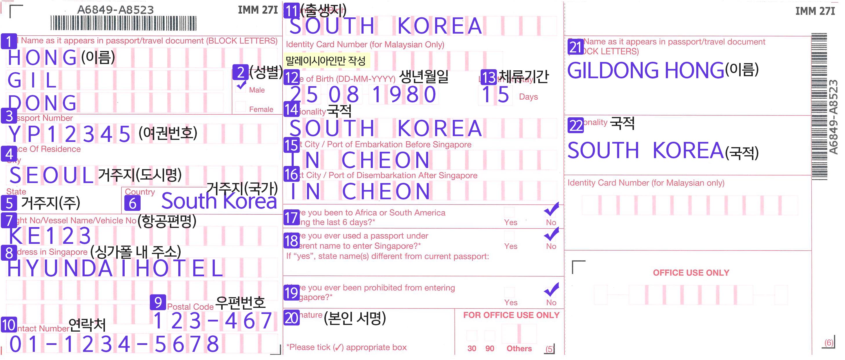 싱가포르 출입국신청서
